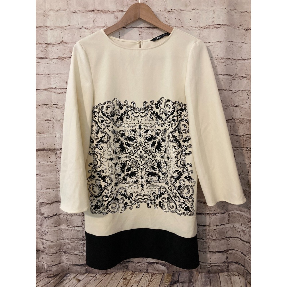 ZARA Dress Womens Small Shift Ivory Black Medallion Print Flared Sleeve Flowy